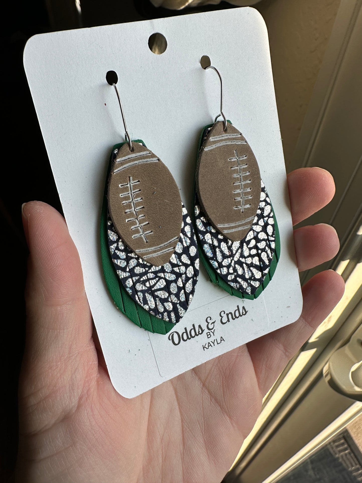 Navy & Green Football Earrings | Green & Navy Fringe