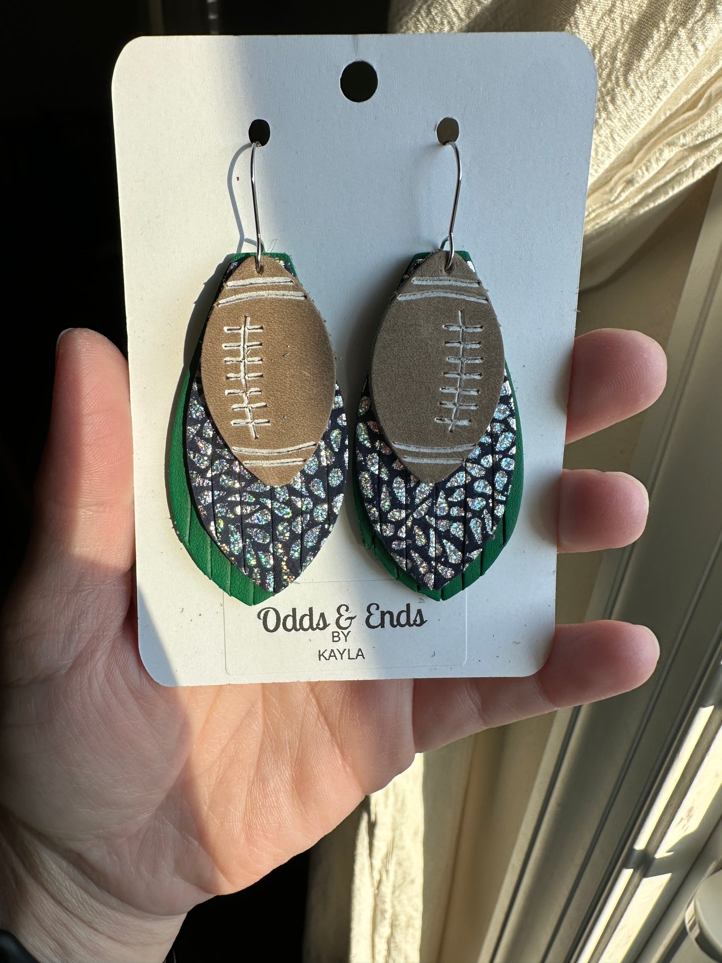 Navy & Green Football Earrings | Green & Navy Fringe