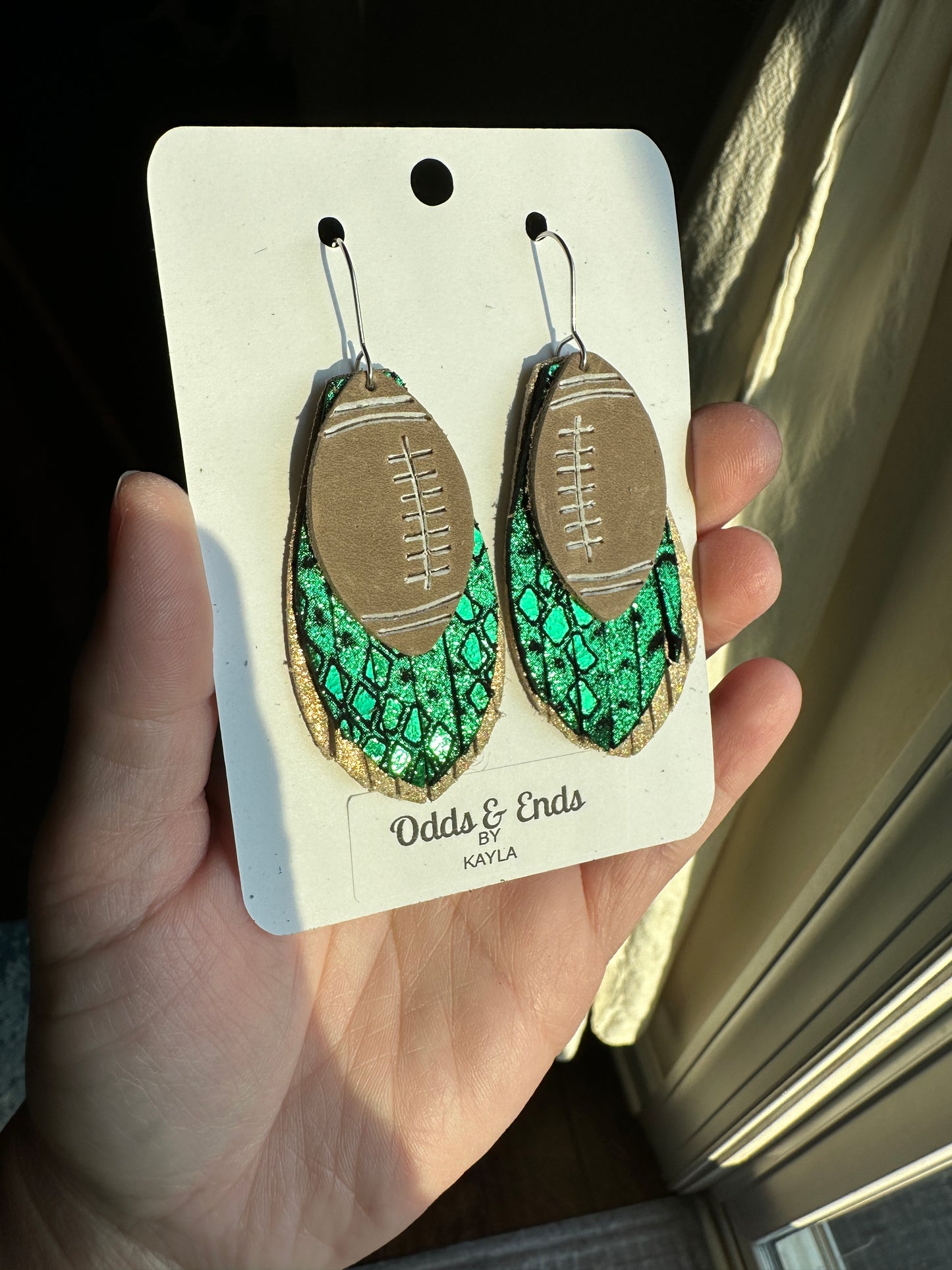 Green & Gold Football Fringe Earrings | Copperheads | Snakeskin | Catawba Ridge