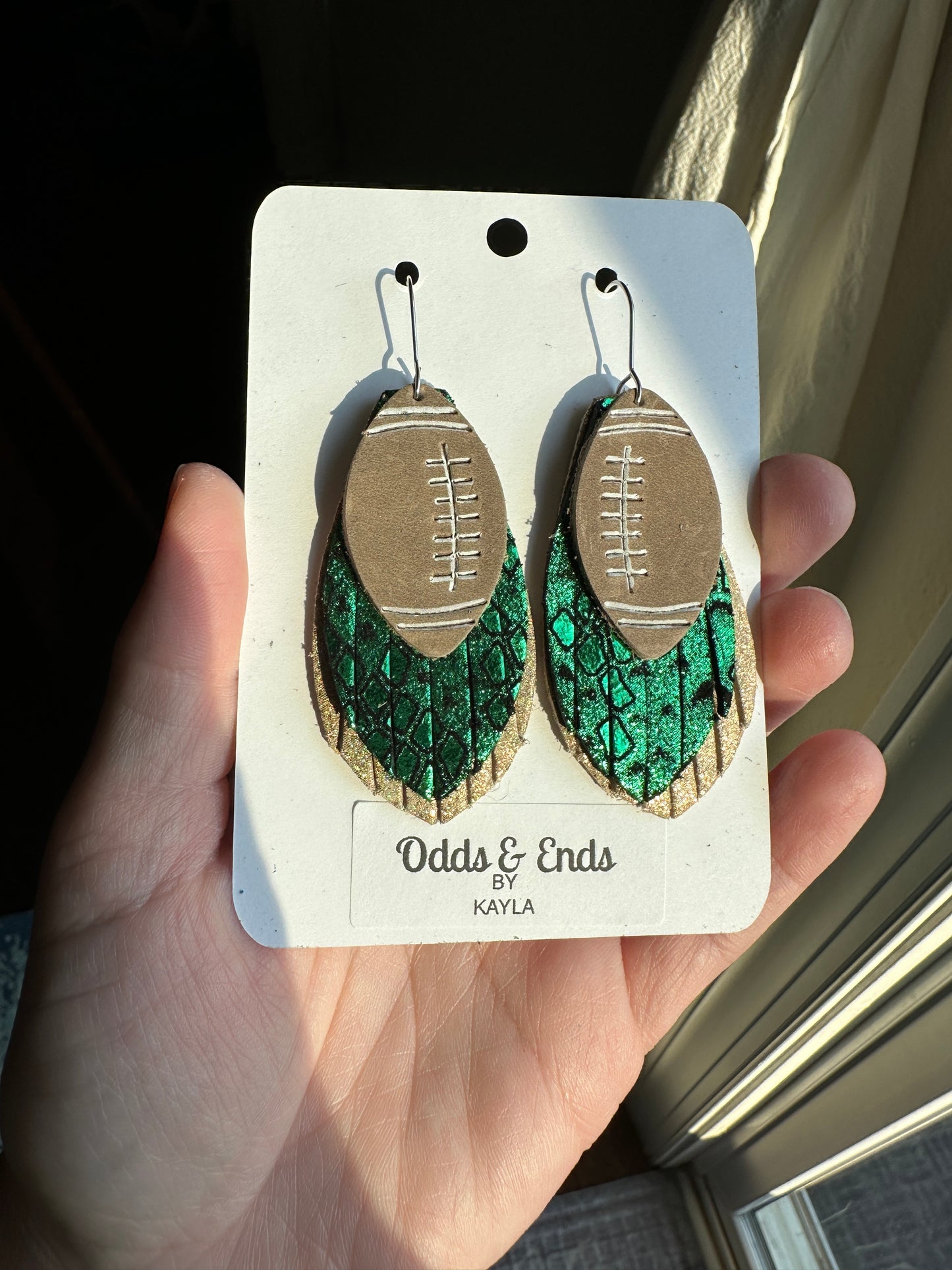 Green & Gold Football Fringe Earrings | Copperheads | Snakeskin | Catawba Ridge