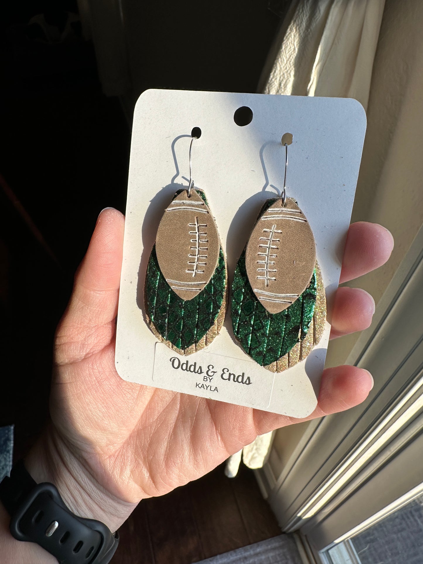 Green & Gold Football Fringe Earrings | Copperheads | Snakeskin | Catawba Ridge