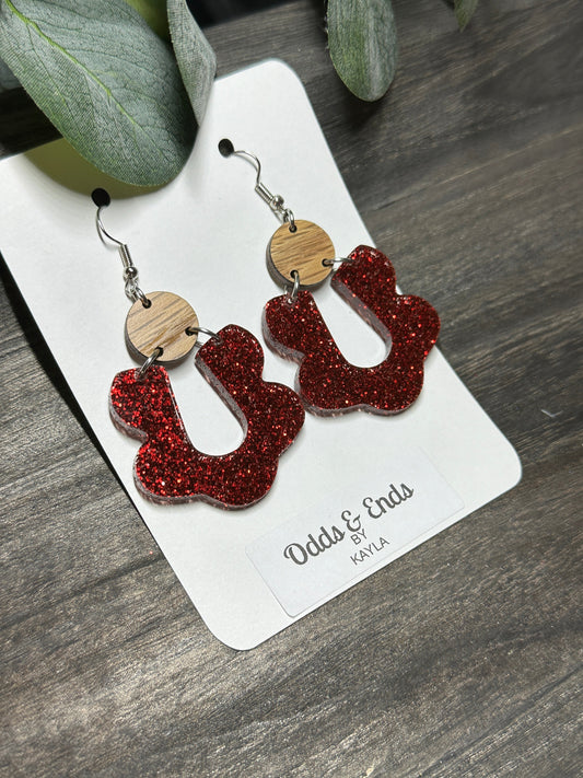 Red Glitter Scalloped Acrylic Dangles - Christmas Red