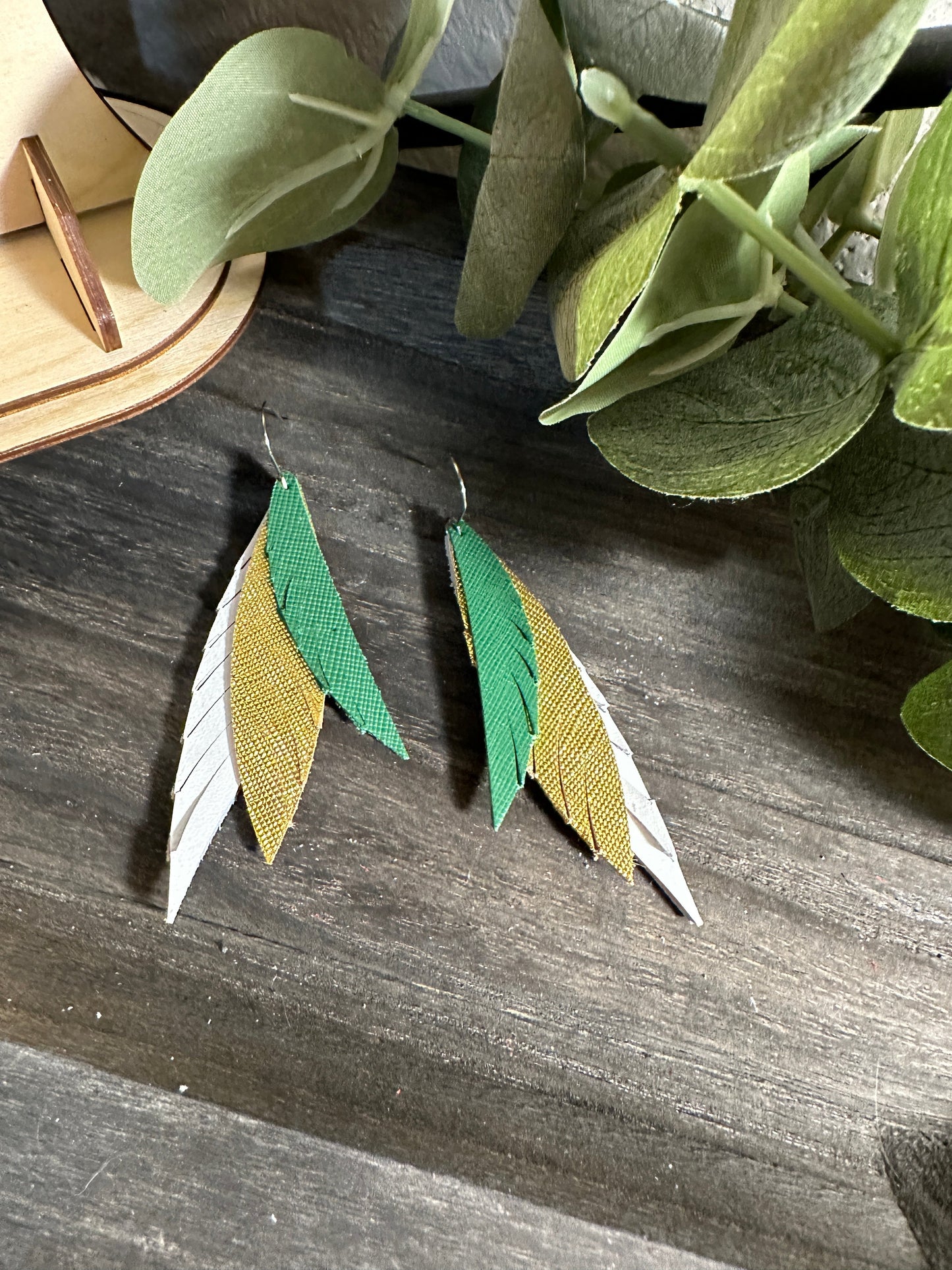 Green & Gold | Catawba Ridge | School Spirit Wear | Green Gold White Black Feathered Earrings