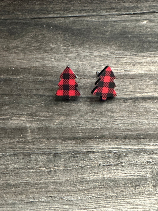 Red & Black Buffalo Plaid Tree Studs