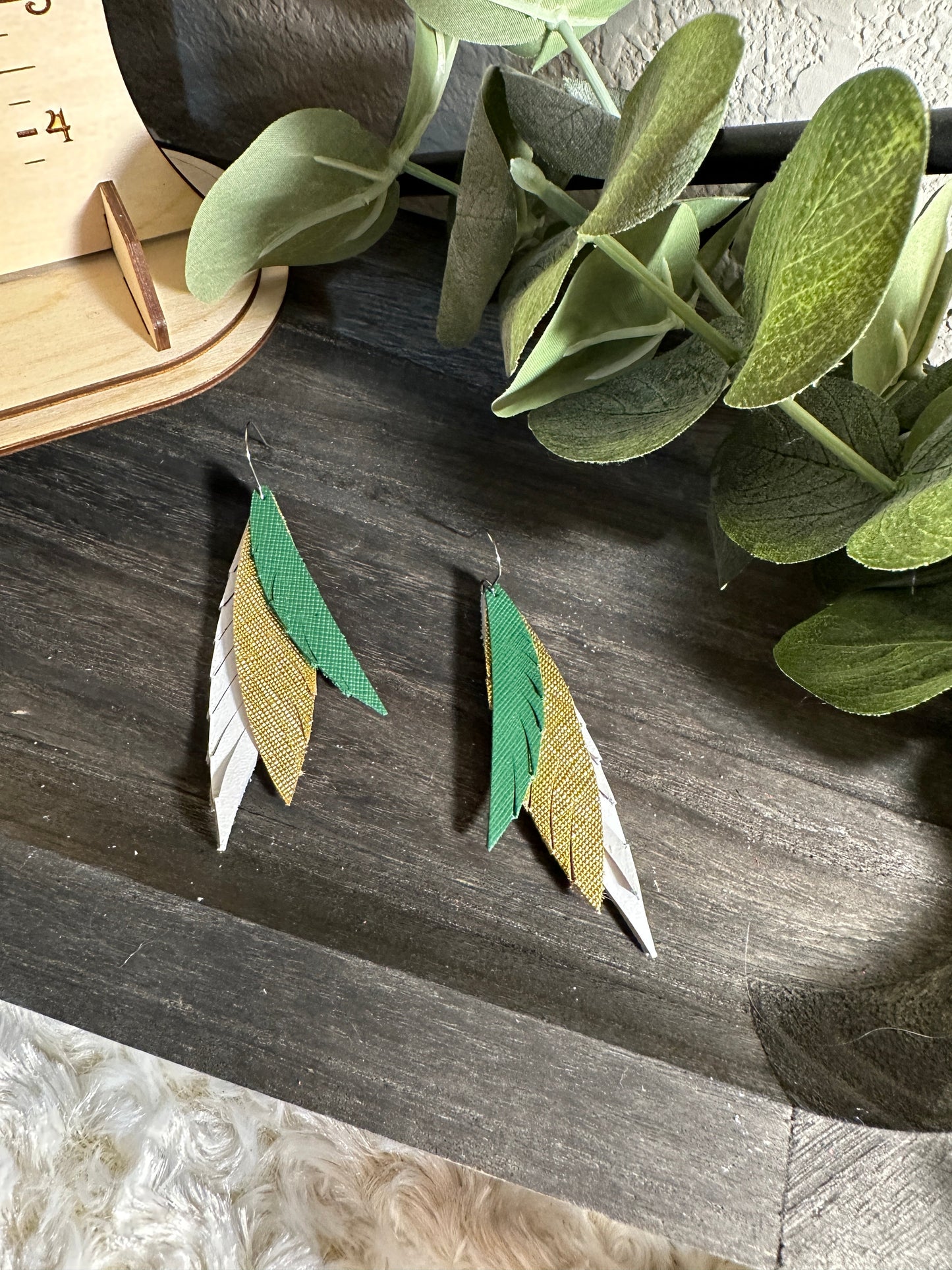 Green & Gold | Catawba Ridge | School Spirit Wear | Green Gold White Black Feathered Earrings