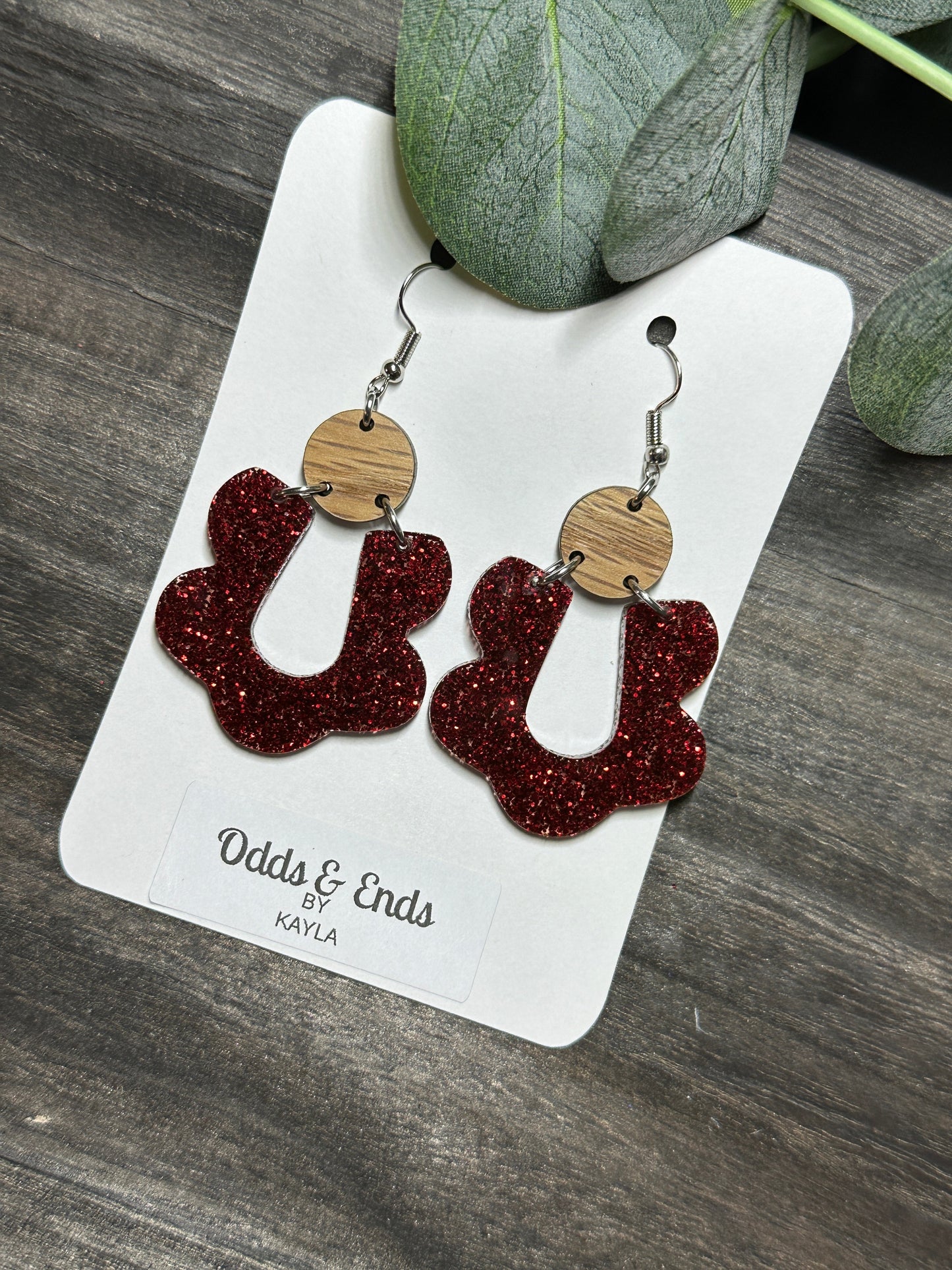 Red Glitter Scalloped Acrylic Dangles - Christmas Red