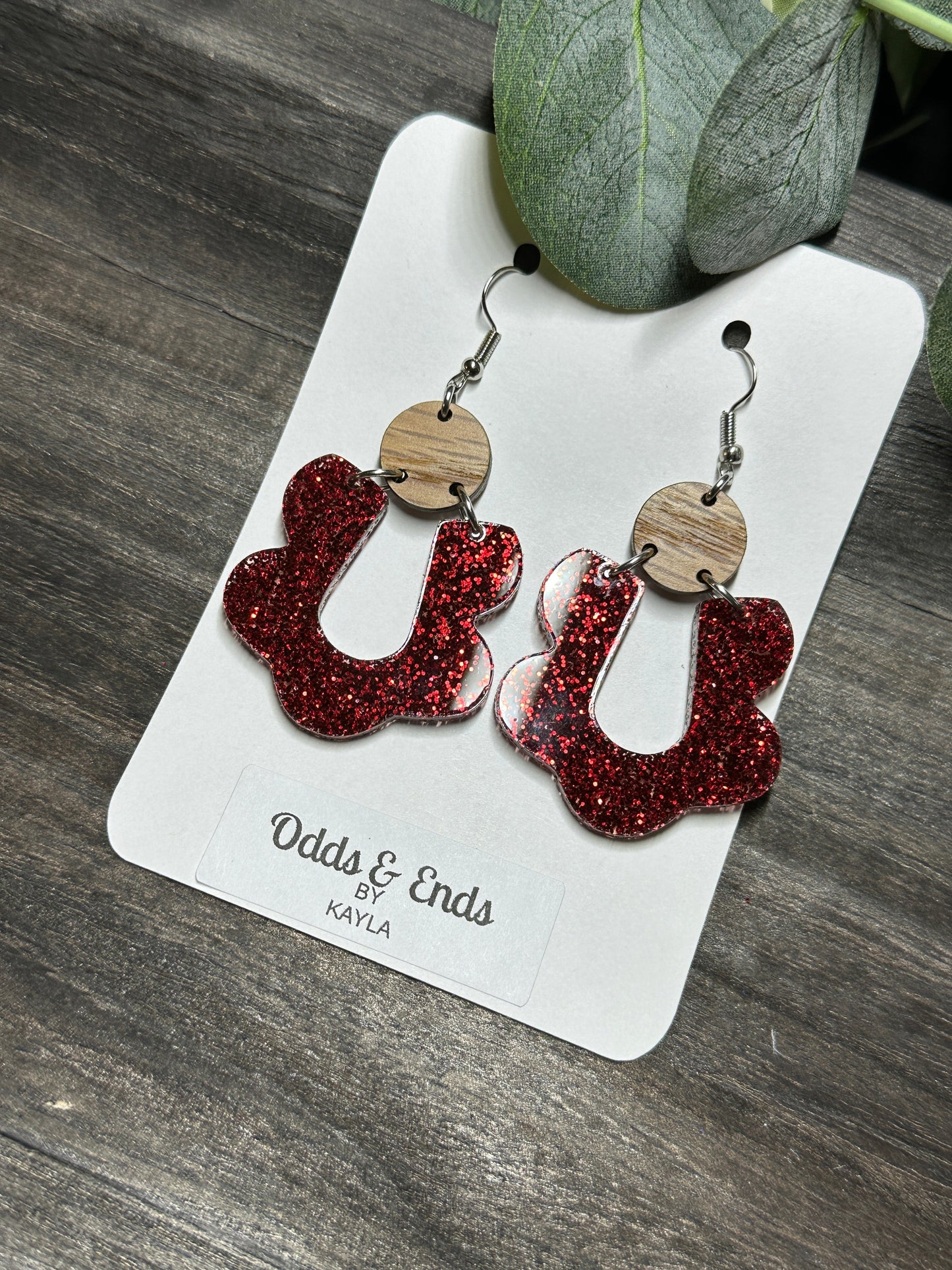 Red Glitter Scalloped Acrylic Dangles - Christmas Red