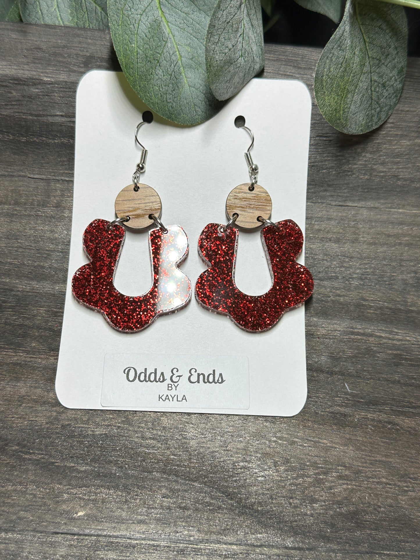 Red Glitter Scalloped Acrylic Dangles - Christmas Red