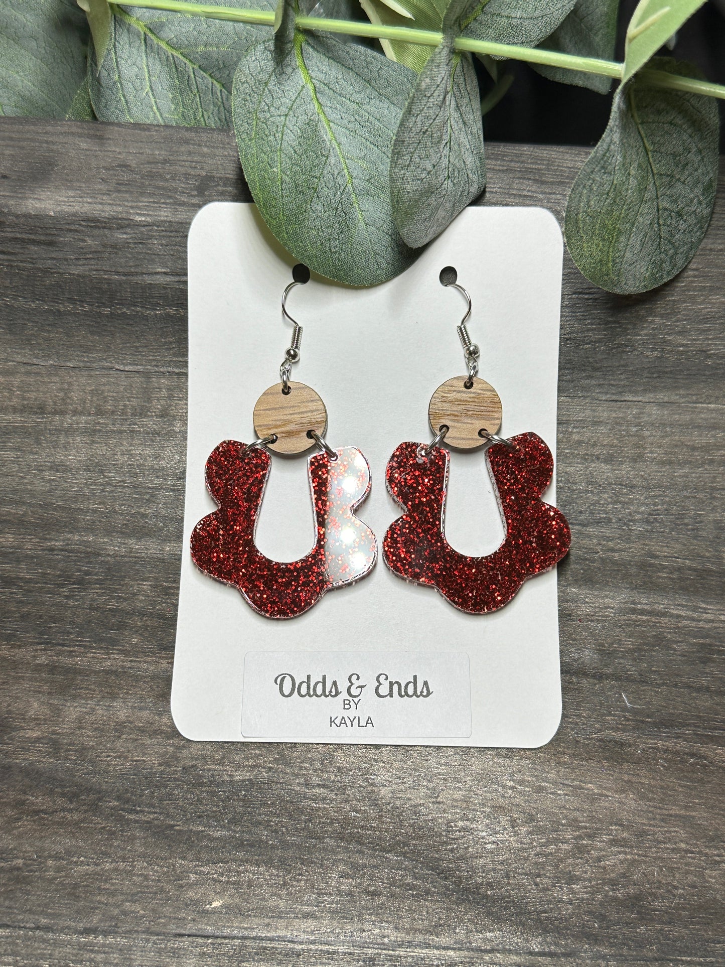 Red Glitter Scalloped Acrylic Dangles - Christmas Red