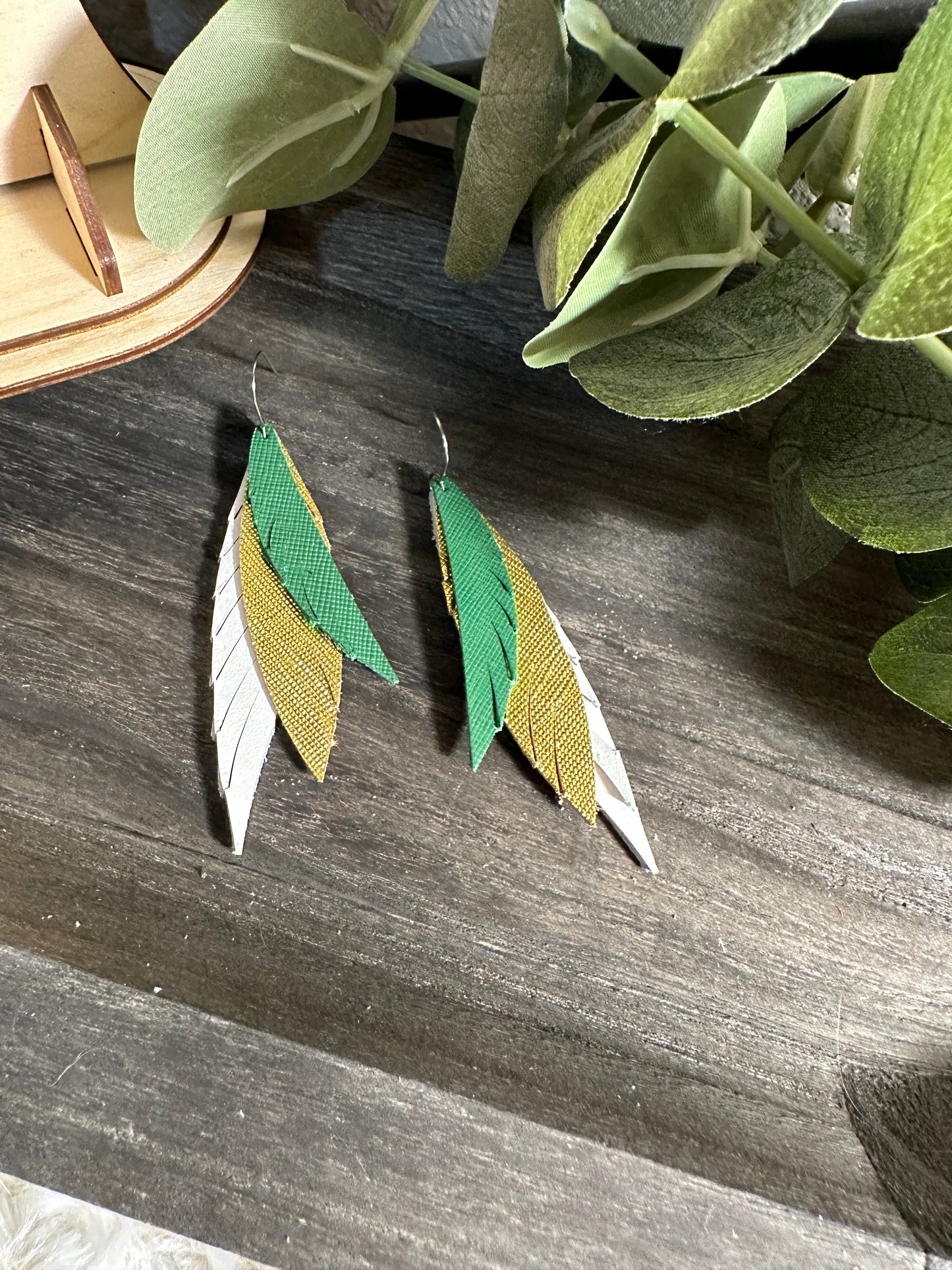 Green & Gold | Catawba Ridge | School Spirit Wear | Green Gold White Black Feathered Earrings